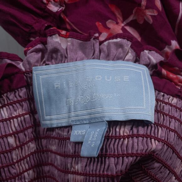 Hill House Home Women's XXS Ellie Nap Dress Midi Ruched Burgundy Floral Ruffle - Picture 8 of 11